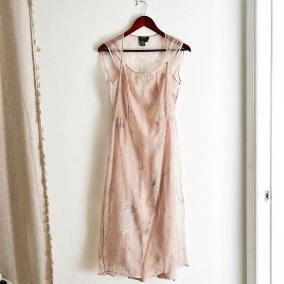 VINTAGE Y2K 90s BCBG MAX AZRIA Pink Slip Dress With Embroidered Silk Overlay - Picture 7 of 8
